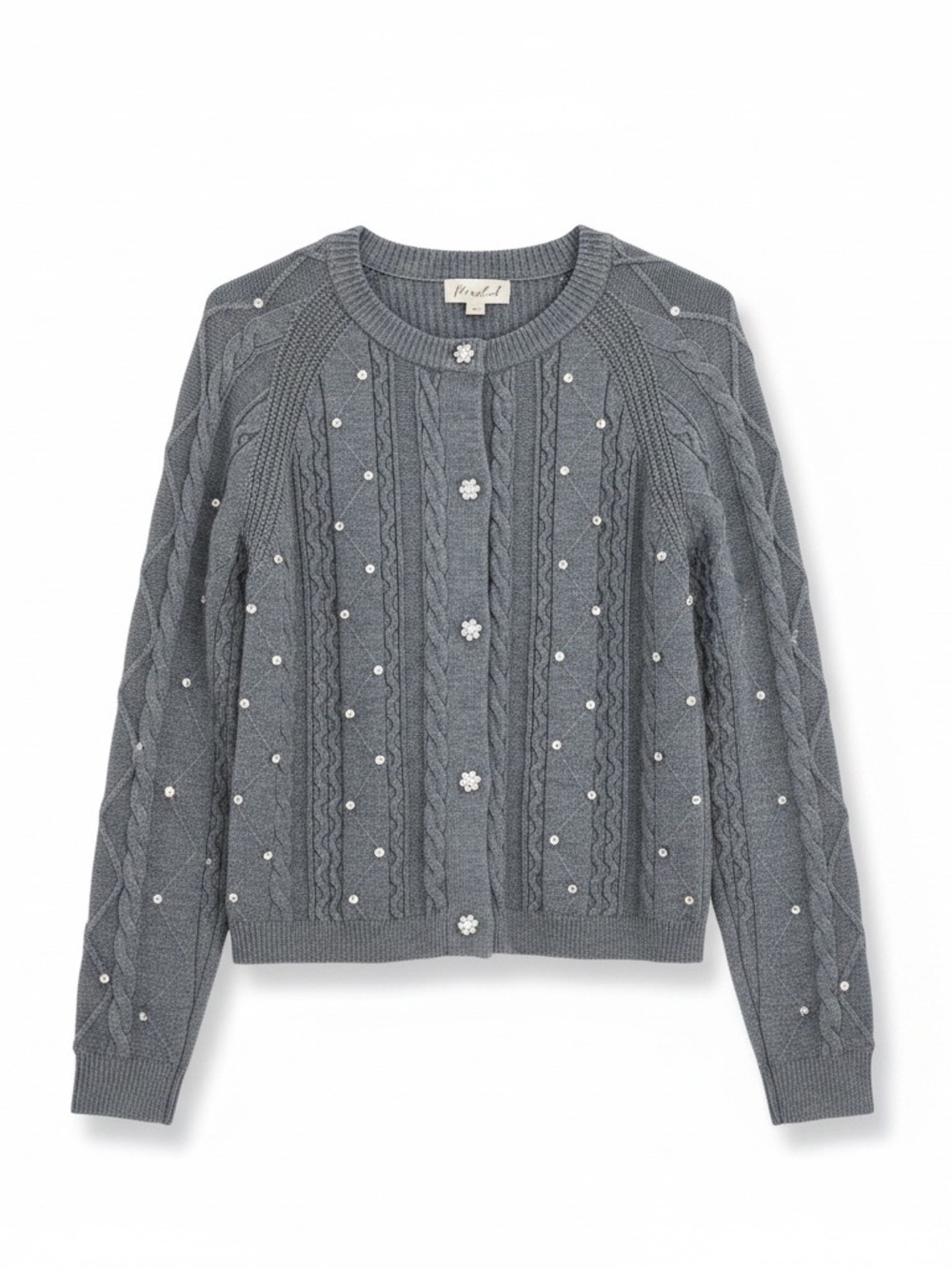 Marled Gray Cable-Knit Pearl-Embellished Cardigan